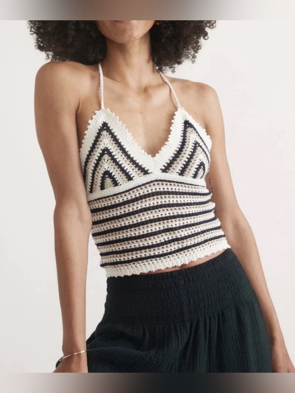 NWT Marine Layer MIA Crochet Striped Halter Neck Top - Beige Black - Sz XL